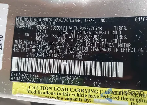 2009 Toyota Tundra Grade V6 z USA, uszkodzony, nr VIN 5TFRU54119X018765